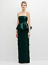 Front View Thumbnail - Evergreen Strapless Satin Maxi Dress with Cascade Ruffle Peplum Detail