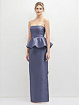 Front View Thumbnail - French Blue Strapless Satin Maxi Dress with Cascade Ruffle Peplum Detail