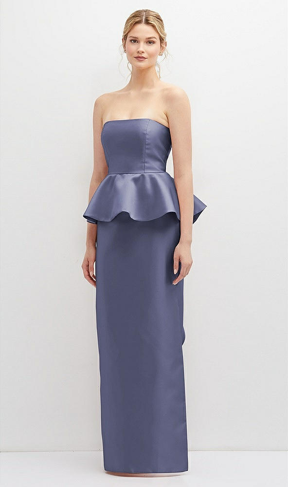 Front View - French Blue Strapless Satin Maxi Dress with Cascade Ruffle Peplum Detail