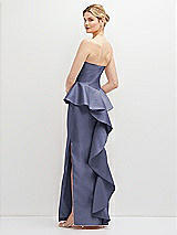 Rear View Thumbnail - French Blue Strapless Satin Maxi Dress with Cascade Ruffle Peplum Detail