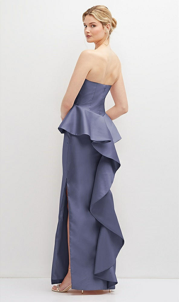 Back View - French Blue Strapless Satin Maxi Dress with Cascade Ruffle Peplum Detail