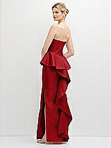 Rear View Thumbnail - Garnet Strapless Satin Maxi Dress with Cascade Ruffle Peplum Detail