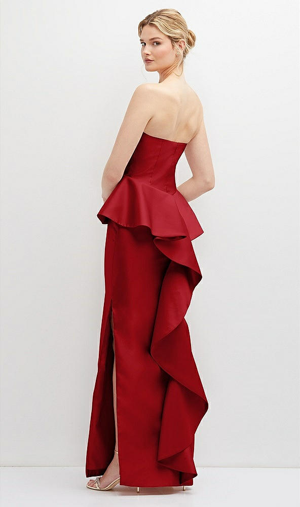 Back View - Garnet Strapless Satin Maxi Dress with Cascade Ruffle Peplum Detail