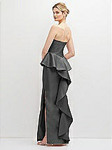 Rear View Thumbnail - Gunmetal Strapless Satin Maxi Dress with Cascade Ruffle Peplum Detail