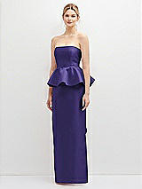 Front View Thumbnail - Grape Strapless Satin Maxi Dress with Cascade Ruffle Peplum Detail