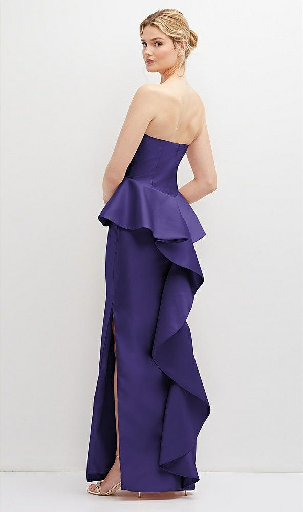 Back View - Grape Strapless Satin Maxi Dress with Cascade Ruffle Peplum Detail