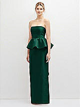 Front View Thumbnail - Hunter Green Strapless Satin Maxi Dress with Cascade Ruffle Peplum Detail