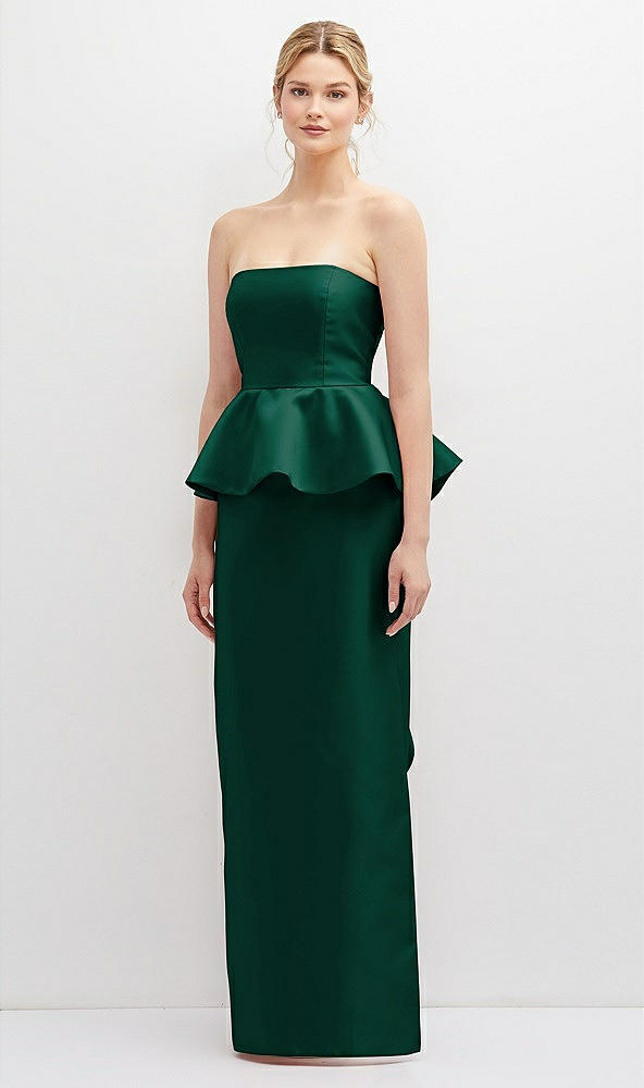 Front View - Hunter Green Strapless Satin Maxi Dress with Cascade Ruffle Peplum Detail