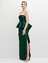 Side View Thumbnail - Hunter Green Strapless Satin Maxi Dress with Cascade Ruffle Peplum Detail