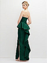 Rear View Thumbnail - Hunter Green Strapless Satin Maxi Dress with Cascade Ruffle Peplum Detail