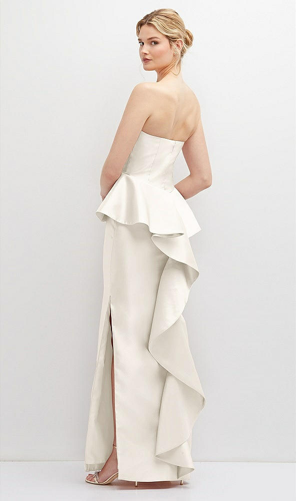 Back View - Ivory Strapless Satin Maxi Dress with Cascade Ruffle Peplum Detail
