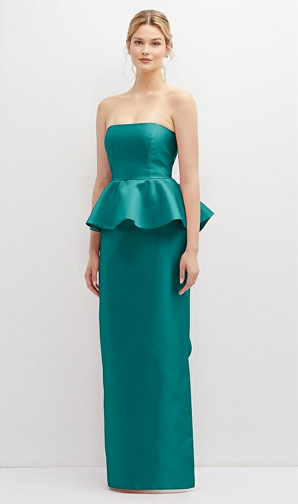 Front View - Jade Strapless Satin Maxi Dress with Cascade Ruffle Peplum Detail