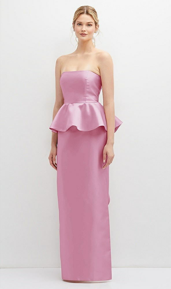Front View - Powder Pink Strapless Satin Maxi Dress with Cascade Ruffle Peplum Detail