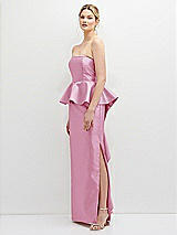Side View Thumbnail - Powder Pink Strapless Satin Maxi Dress with Cascade Ruffle Peplum Detail
