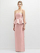 Front View Thumbnail - Rose - PANTONE Rose Quartz Strapless Satin Maxi Dress with Cascade Ruffle Peplum Detail