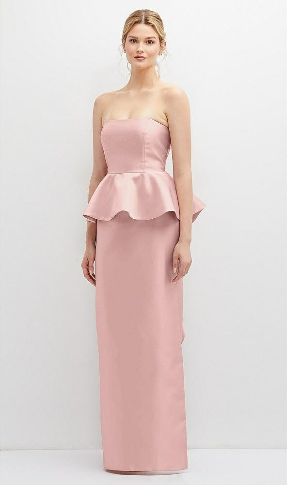 Front View - Rose - PANTONE Rose Quartz Strapless Satin Maxi Dress with Cascade Ruffle Peplum Detail