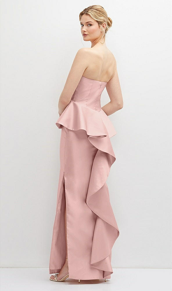 Back View - Rose - PANTONE Rose Quartz Strapless Satin Maxi Dress with Cascade Ruffle Peplum Detail