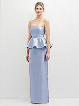 Front View Thumbnail - Sky Blue Strapless Satin Maxi Dress with Cascade Ruffle Peplum Detail