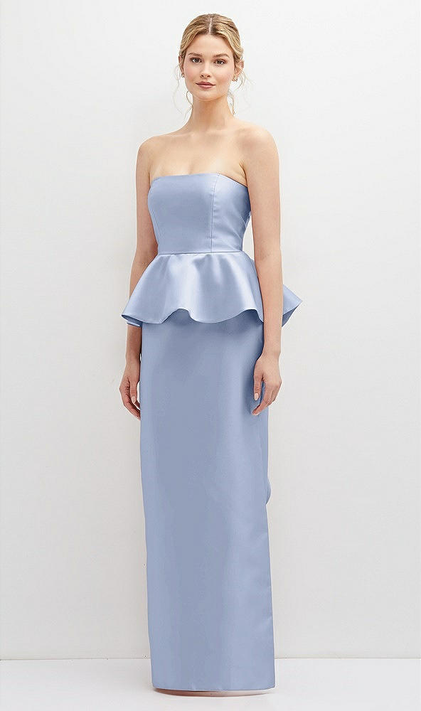 Front View - Sky Blue Strapless Satin Maxi Dress with Cascade Ruffle Peplum Detail
