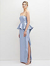 Side View Thumbnail - Sky Blue Strapless Satin Maxi Dress with Cascade Ruffle Peplum Detail