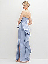 Rear View Thumbnail - Sky Blue Strapless Satin Maxi Dress with Cascade Ruffle Peplum Detail