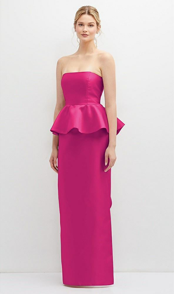 Front View - Think Pink Strapless Satin Maxi Dress with Cascade Ruffle Peplum Detail