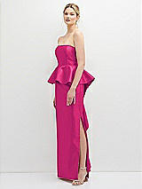 Side View Thumbnail - Think Pink Strapless Satin Maxi Dress with Cascade Ruffle Peplum Detail