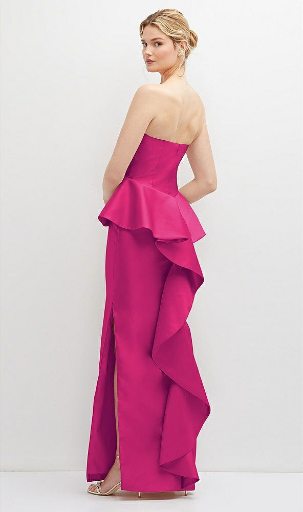 Back View - Think Pink Strapless Satin Maxi Dress with Cascade Ruffle Peplum Detail