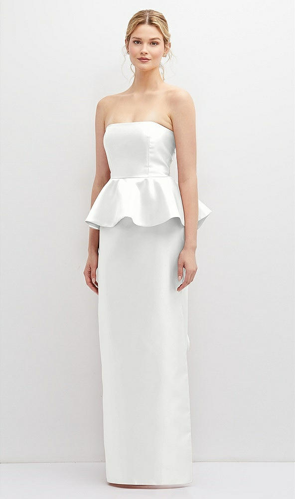 Front View - White Strapless Satin Maxi Dress with Cascade Ruffle Peplum Detail