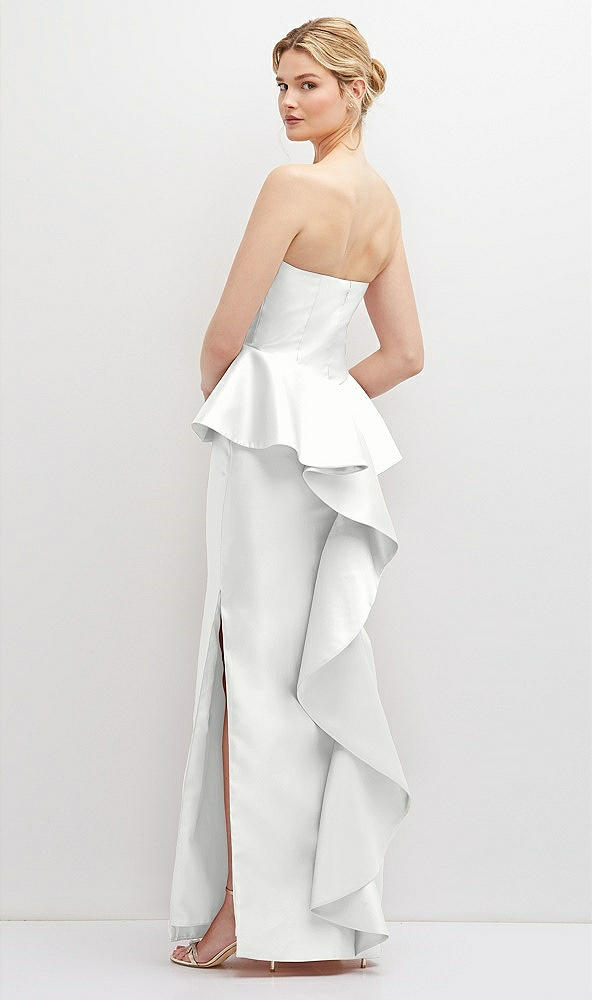 Back View - White Strapless Satin Maxi Dress with Cascade Ruffle Peplum Detail