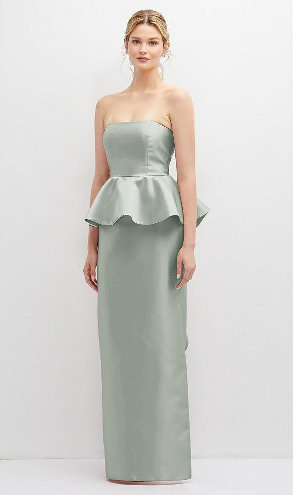 Front View - Willow Green Strapless Satin Maxi Dress with Cascade Ruffle Peplum Detail