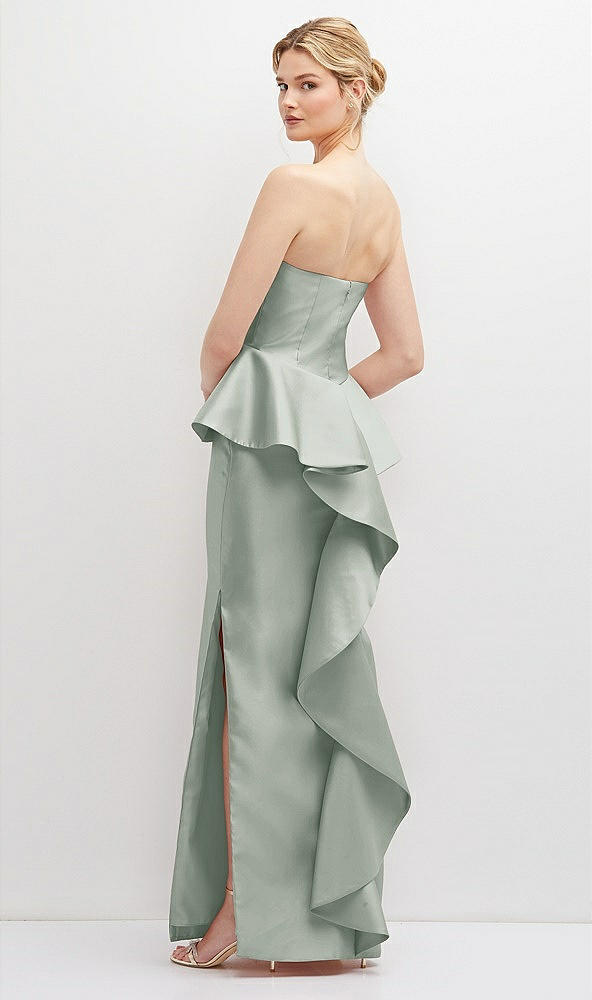 Back View - Willow Green Strapless Satin Maxi Dress with Cascade Ruffle Peplum Detail