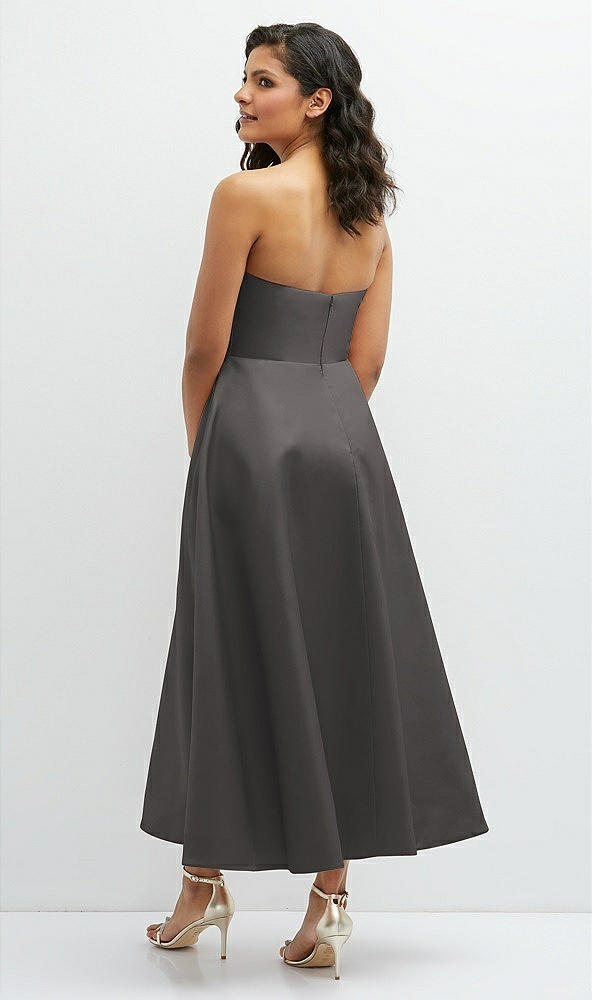 Back View - Caviar Gray Draped Bodice Strapless Satin Midi Dress with Full Circle Skirt