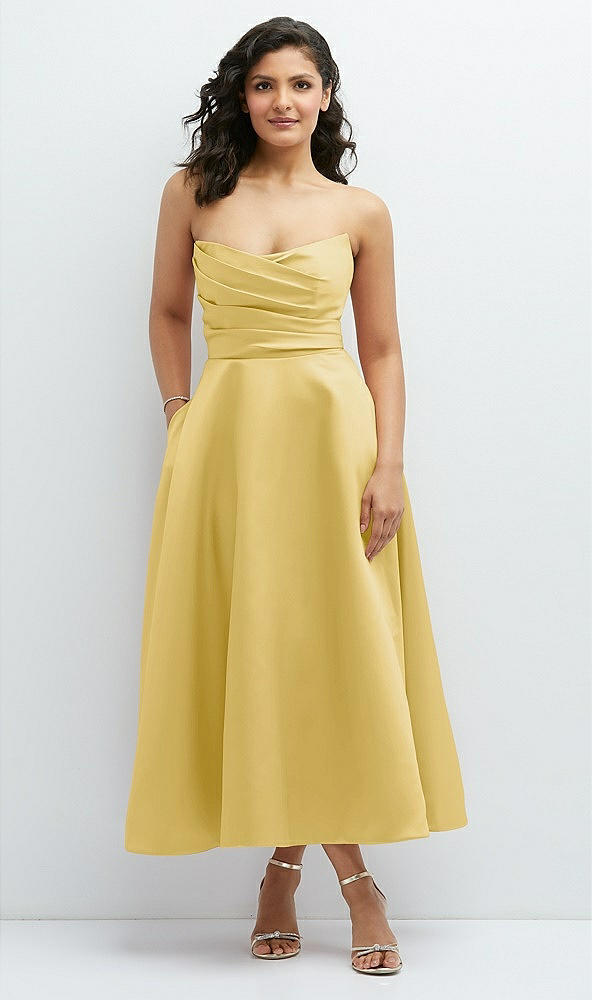 Front View - Maize Draped Bodice Strapless Satin Midi Dress with Full Circle Skirt