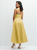 Rear View Thumbnail - Maize Draped Bodice Strapless Satin Midi Dress with Full Circle Skirt