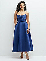 Front View Thumbnail - Classic Blue Draped Bodice Strapless Satin Midi Dress with Full Circle Skirt