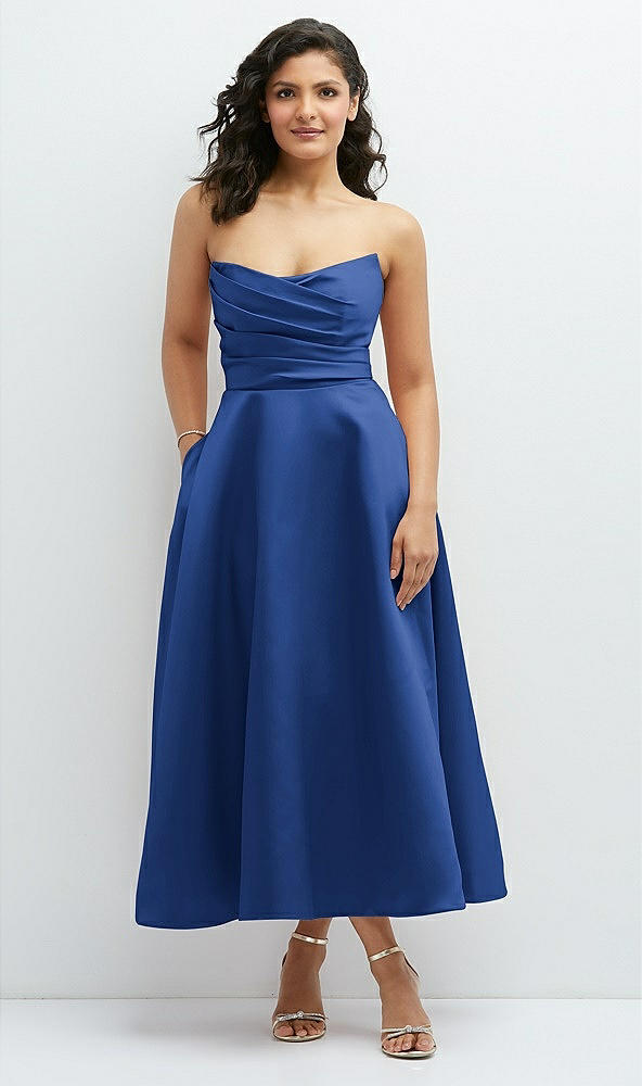 Front View - Classic Blue Draped Bodice Strapless Satin Midi Dress with Full Circle Skirt