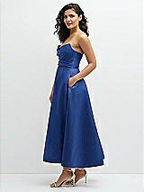 Side View Thumbnail - Classic Blue Draped Bodice Strapless Satin Midi Dress with Full Circle Skirt
