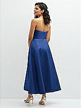 Rear View Thumbnail - Classic Blue Draped Bodice Strapless Satin Midi Dress with Full Circle Skirt