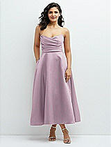 Front View Thumbnail - Suede Rose Draped Bodice Strapless Satin Midi Dress with Full Circle Skirt