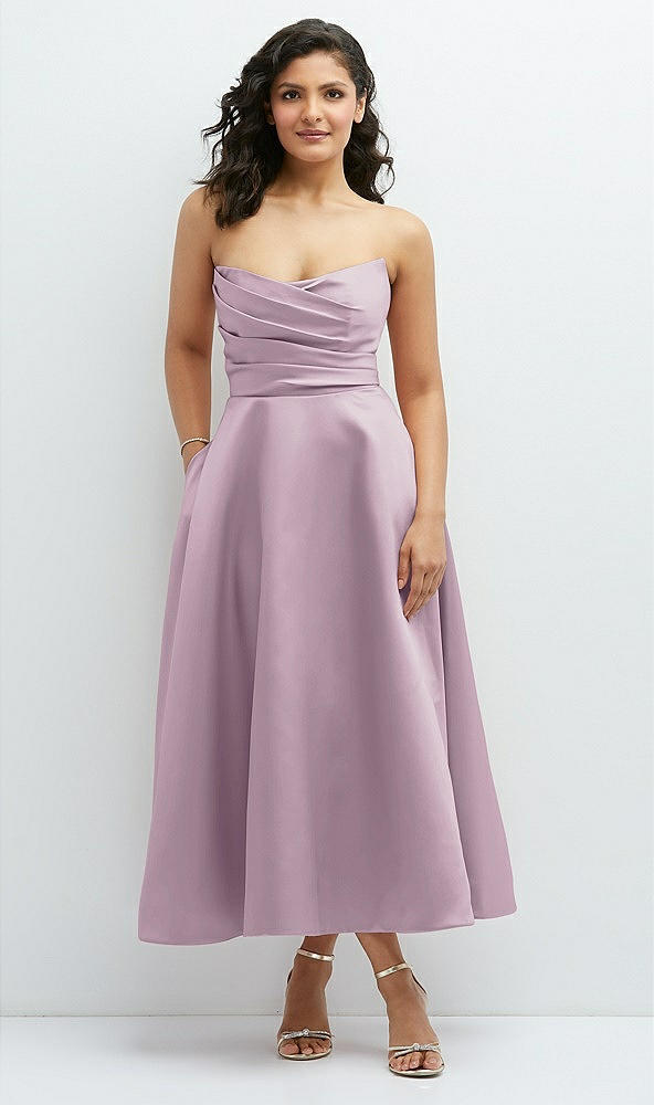 Front View - Suede Rose Draped Bodice Strapless Satin Midi Dress with Full Circle Skirt