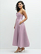 Side View Thumbnail - Suede Rose Draped Bodice Strapless Satin Midi Dress with Full Circle Skirt