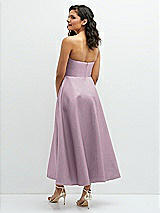 Rear View Thumbnail - Suede Rose Draped Bodice Strapless Satin Midi Dress with Full Circle Skirt