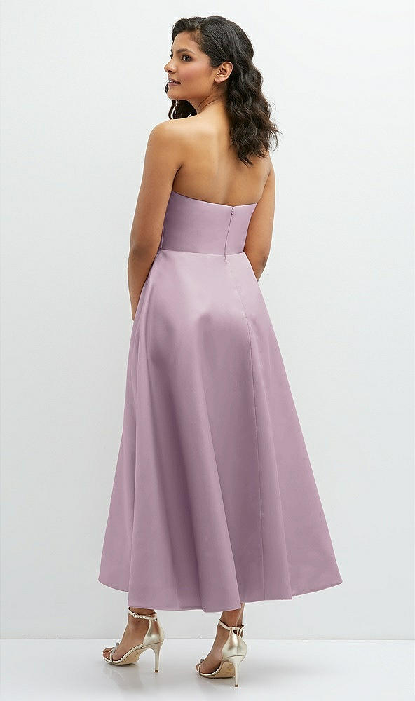 Back View - Suede Rose Draped Bodice Strapless Satin Midi Dress with Full Circle Skirt