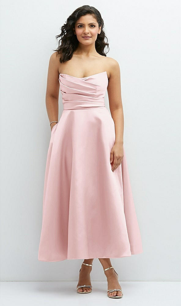Front View - Ballet Pink Draped Bodice Strapless Satin Midi Dress with Full Circle Skirt