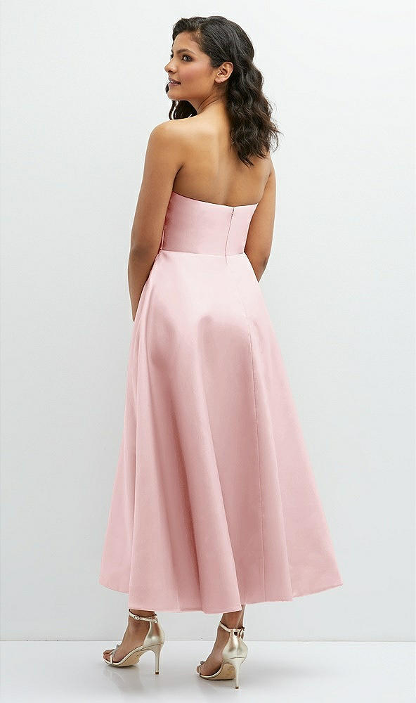 Back View - Ballet Pink Draped Bodice Strapless Satin Midi Dress with Full Circle Skirt