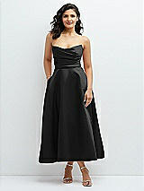 Front View Thumbnail - Black Draped Bodice Strapless Satin Midi Dress with Full Circle Skirt
