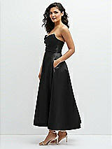 Side View Thumbnail - Black Draped Bodice Strapless Satin Midi Dress with Full Circle Skirt