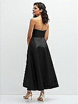 Rear View Thumbnail - Black Draped Bodice Strapless Satin Midi Dress with Full Circle Skirt