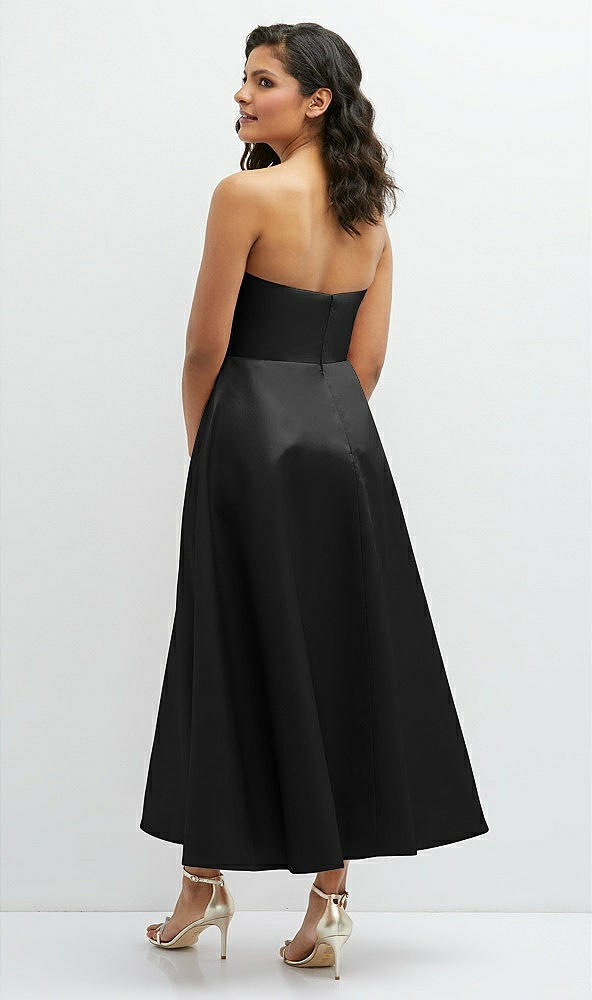 Back View - Black Draped Bodice Strapless Satin Midi Dress with Full Circle Skirt